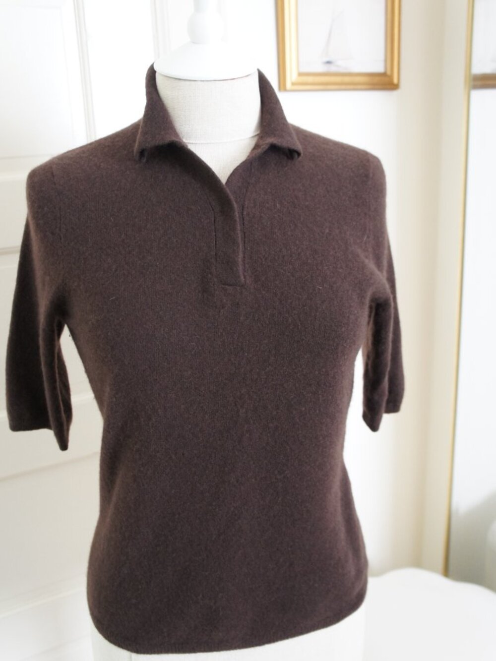 Vintage 90s 100% Cashmere Dark Brown V-Neck Polo Sweater Shirt Size Small - Picture 10 of 11
